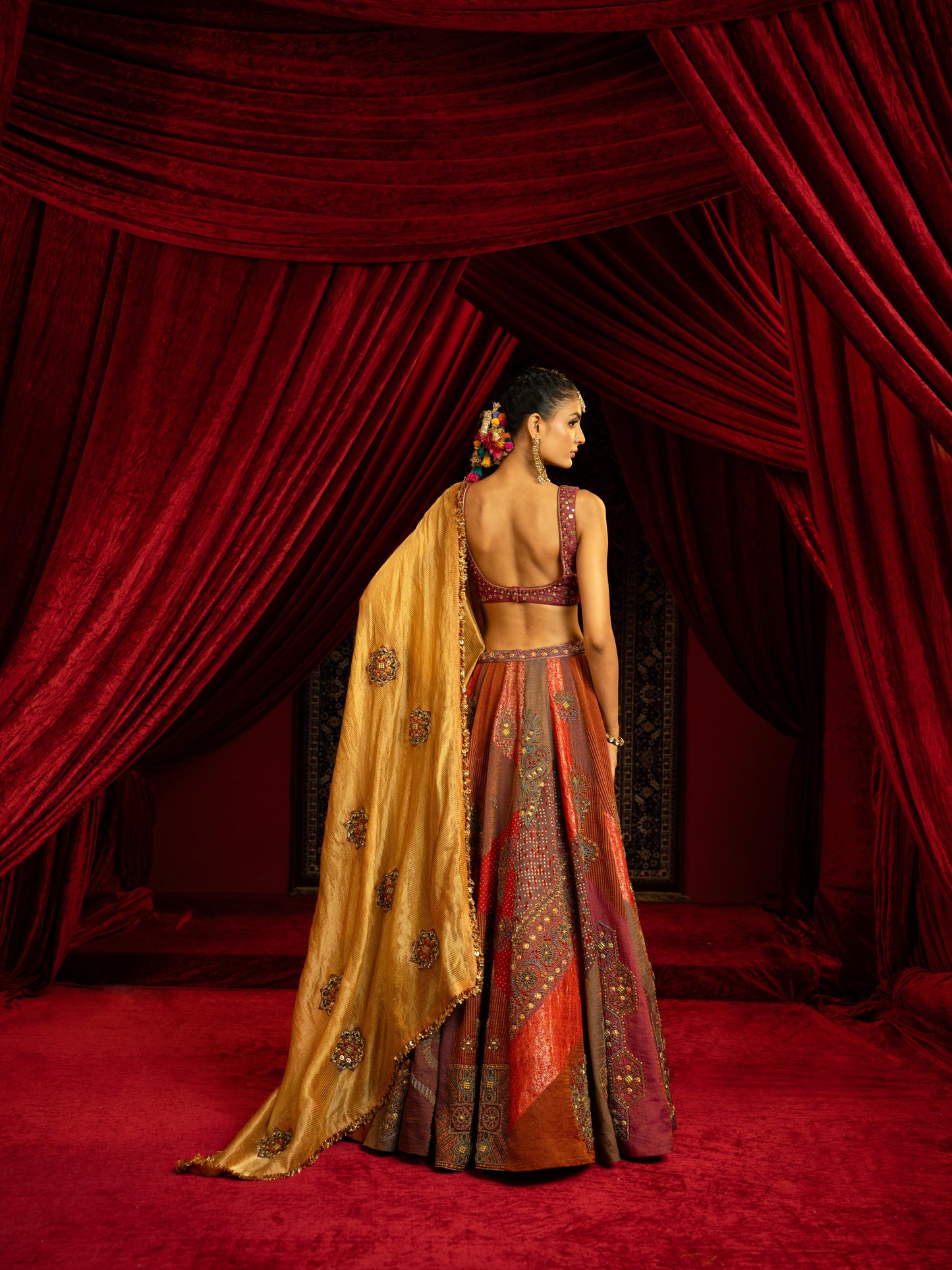 MULTICOLOUR BLOCKED LEHENGA SET WITH METAL EMBROIDERED BLOUSE & GOLD TISSUE DUPATTA