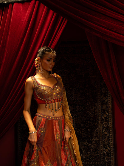 MULTICOLOUR BLOCKED LEHENGA SET WITH METAL EMBROIDERED BLOUSE & GOLD TISSUE DUPATTA