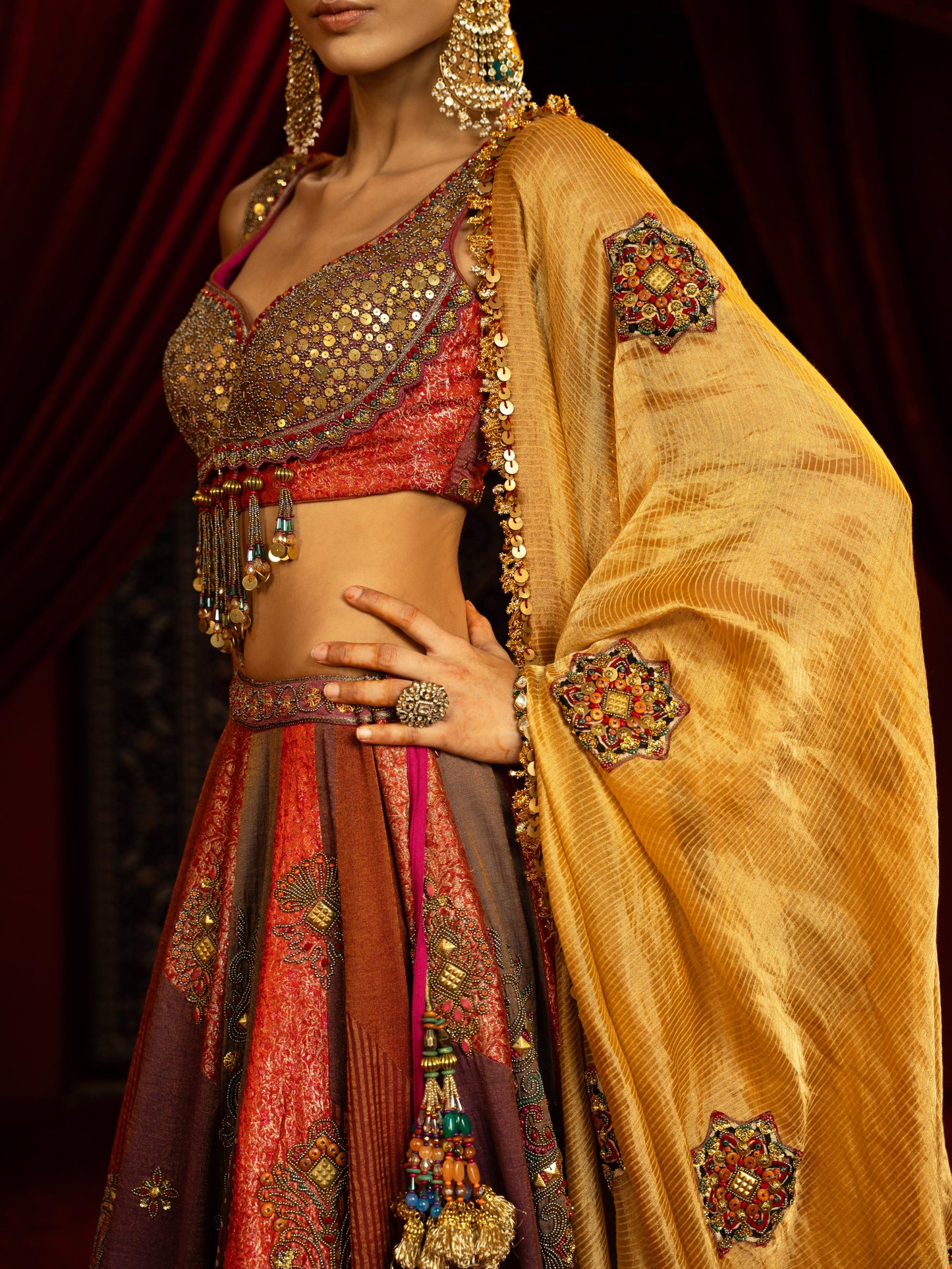 MULTICOLOUR BLOCKED LEHENGA SET WITH METAL EMBROIDERED BLOUSE & GOLD TISSUE DUPATTA