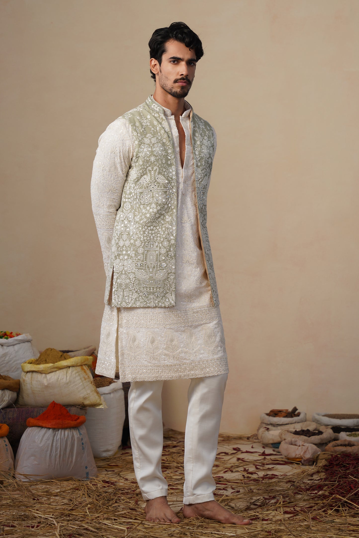 MAYURESH MEHENDI KURTA JACKET SET