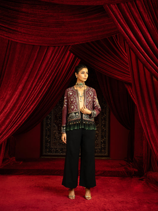 MAUVE EMBROIDERED SHORT JACKET WITH JEWEL BEADS & TASSELS PAIRED WITH BLACK FLARED PANTS
