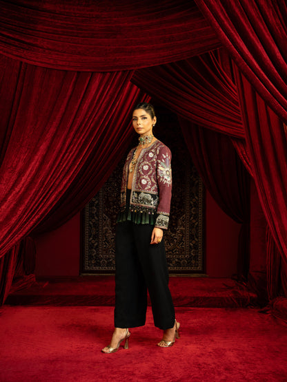 MAUVE EMBROIDERED SHORT JACKET WITH JEWEL BEADS & TASSELS PAIRED WITH BLACK FLARED PANTS
