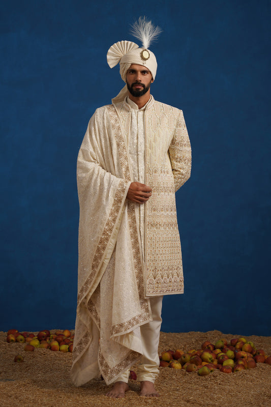 MIRZA ZARDOZI CREAM SHERWANI SET