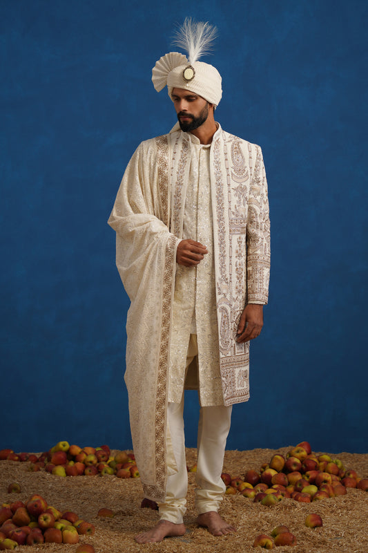 BADSHAH ZARDOZI CREAM SHERWANI SET