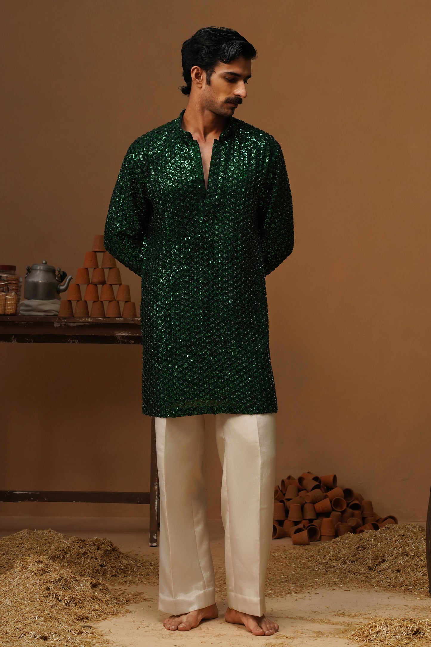 VED BOTTLE GREEN SHORT KURTA SET