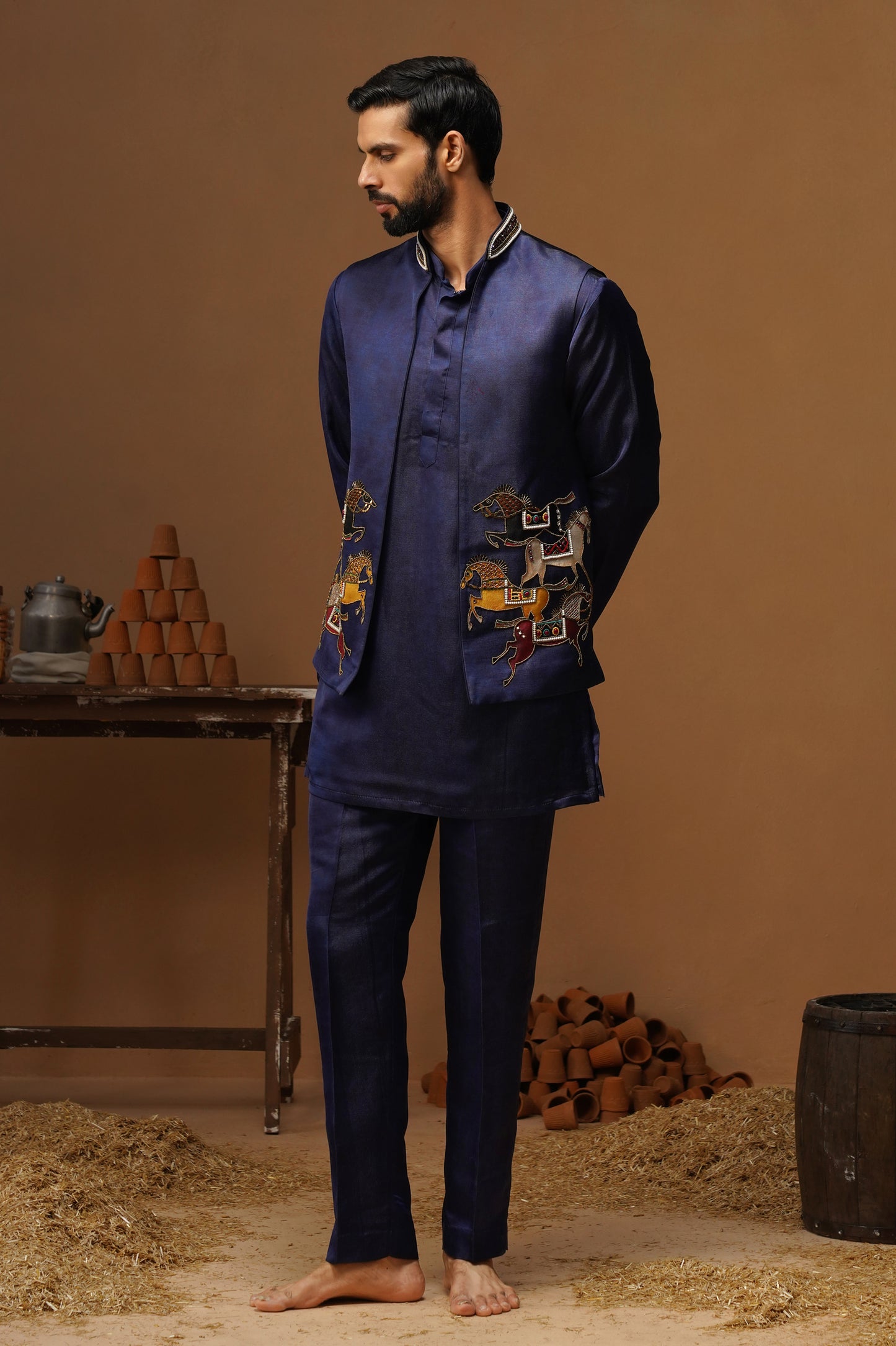 DERBY NAVY BLUE SHORT KURTA JACKET SET