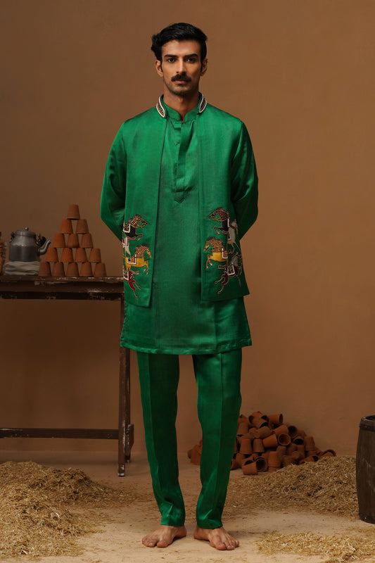 DERBY GREEN SHORT KURTA JACKET SET