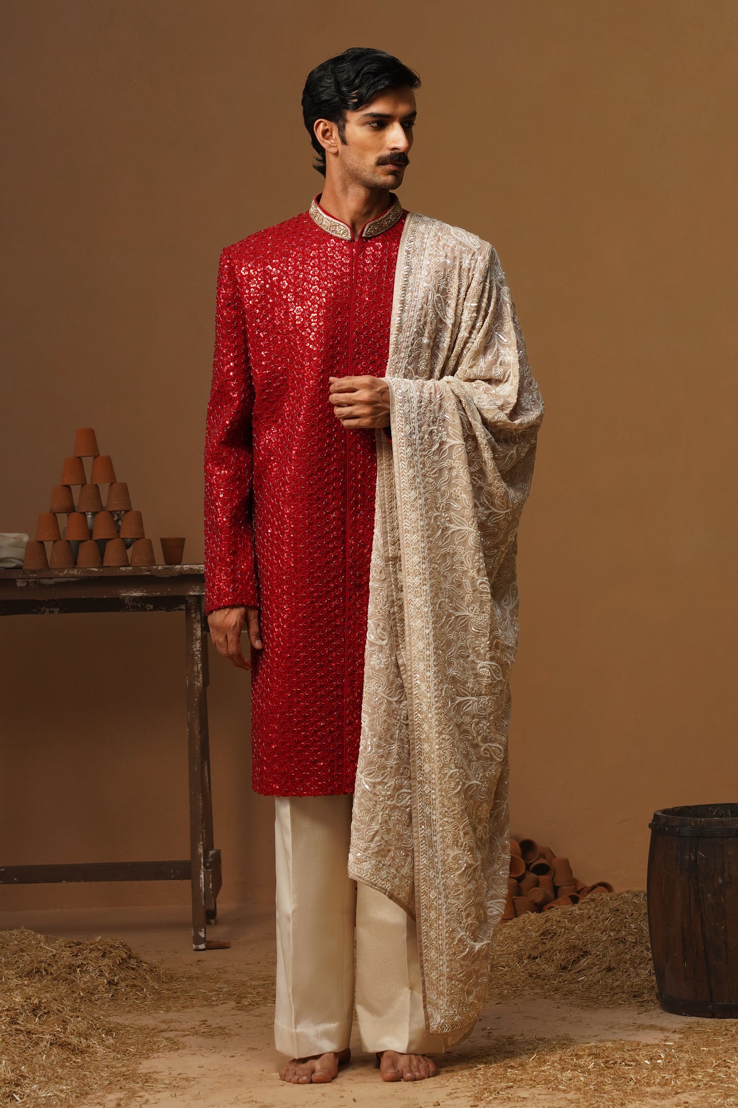 VED RED SHERWANI SET