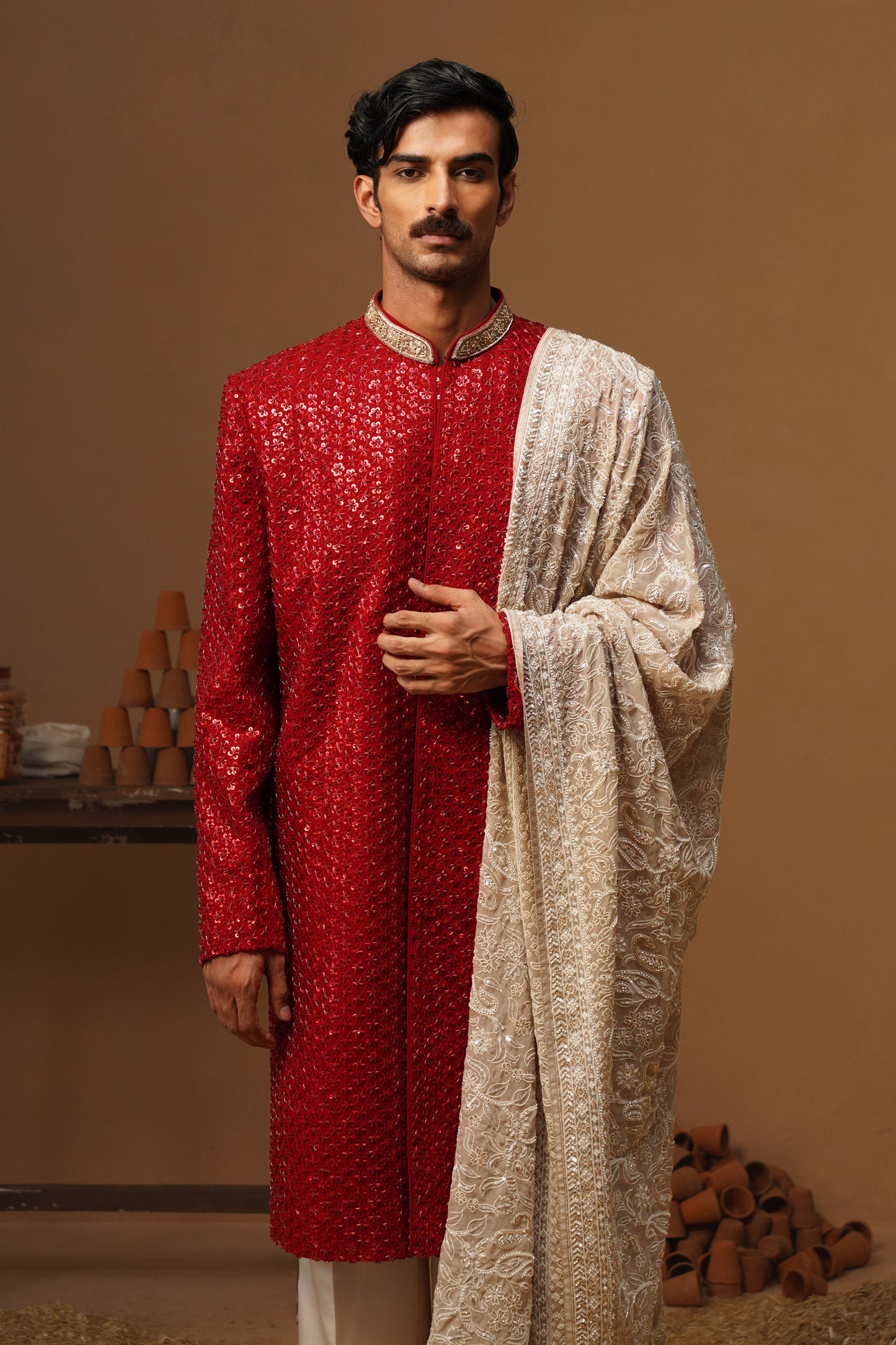 VED RED SHERWANI SET