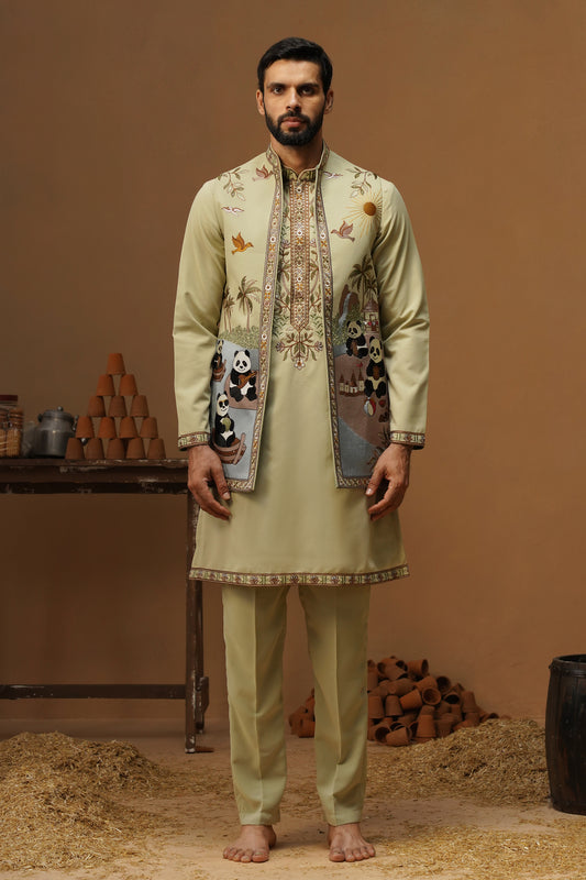 PANDA MEHNDI KURTA JACKET SET