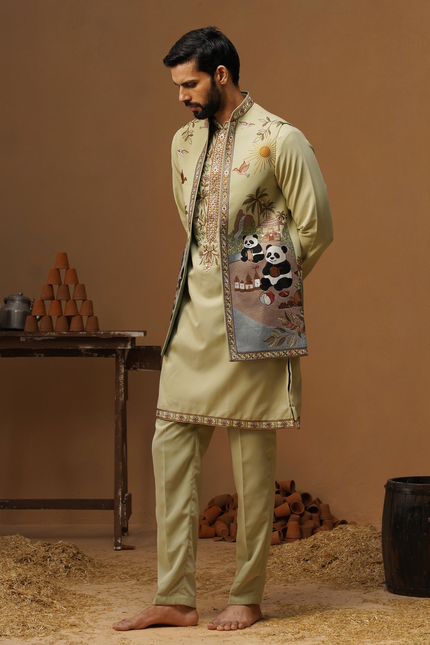 PANDA MEHNDI KURTA JACKET SET