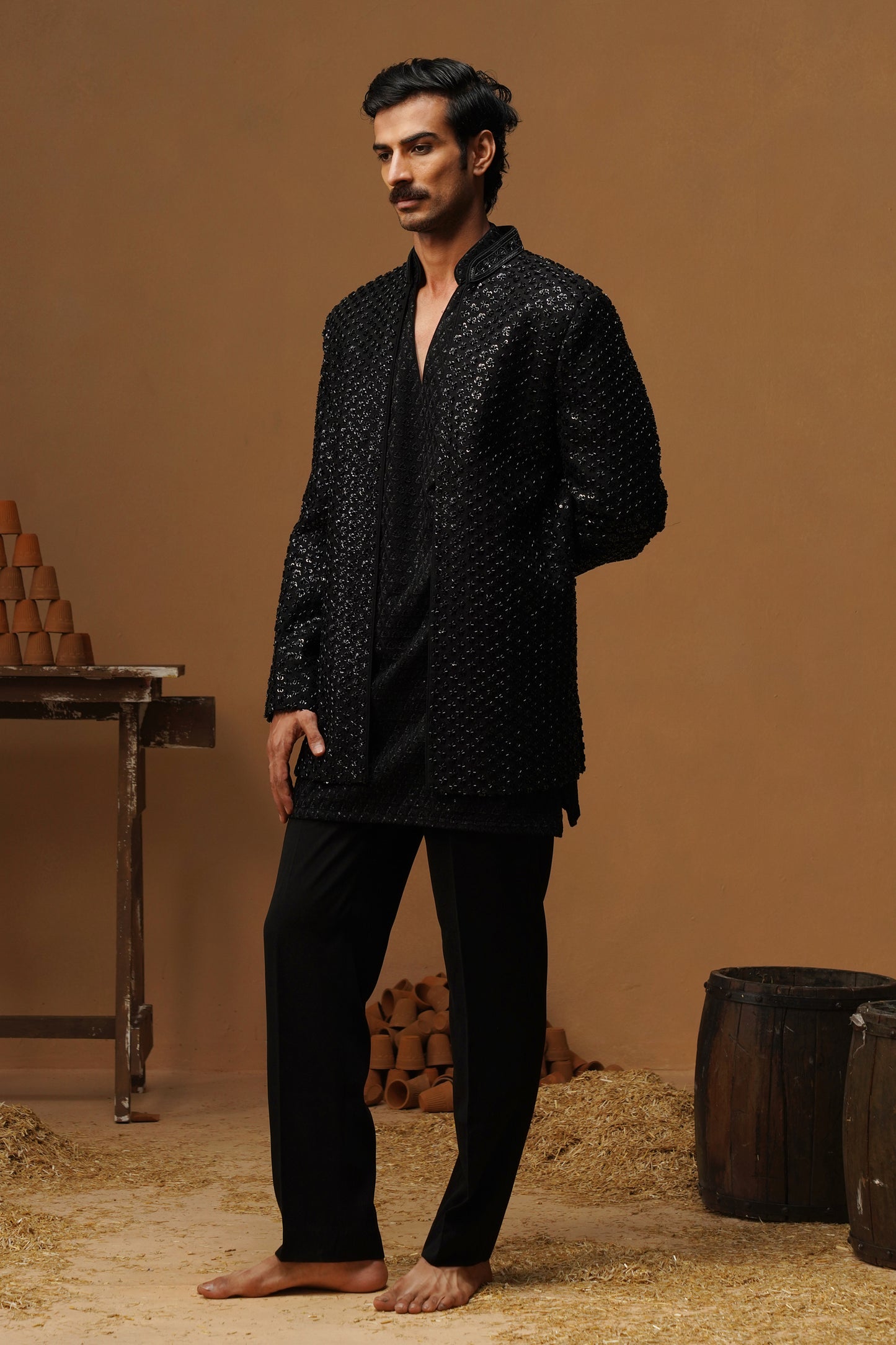 VED BLACK JODHPURI SET WITH V NECK KURTA