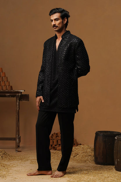 VED BLACK JODHPURI SET WITH V NECK KURTA