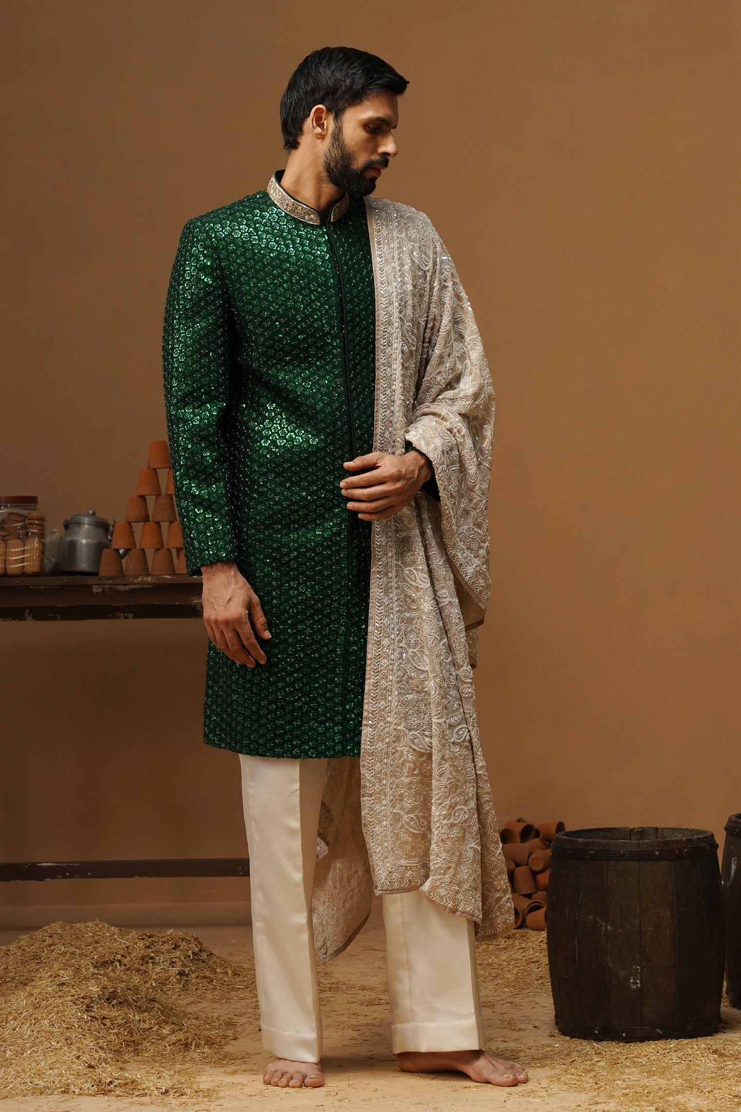 VED BOTTLE GREEN SHERWANI SET