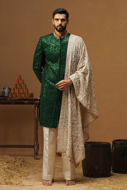 VED BOTTLE GREEN SHERWANI SET