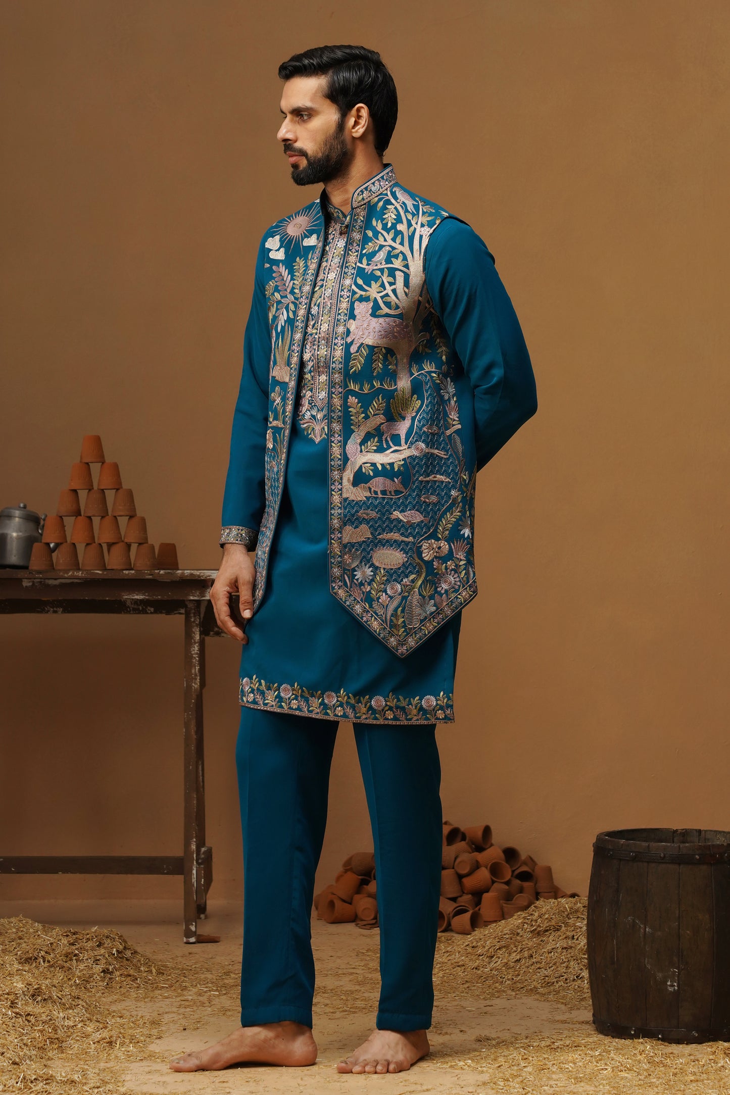JUNGLE FIROZI KURTA JACKET SET