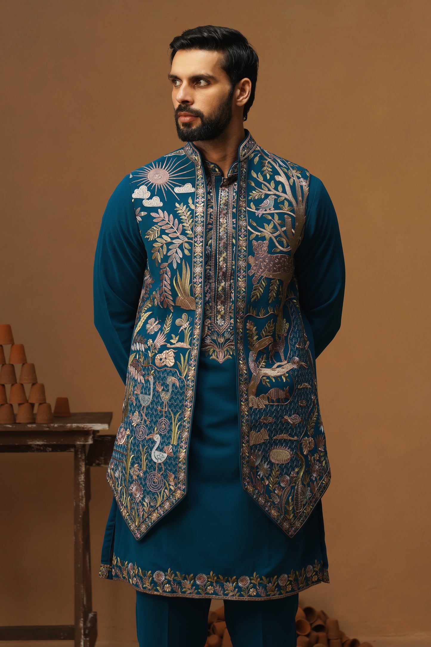 JUNGLE FIROZI KURTA JACKET SET