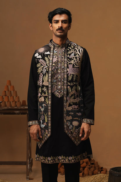 JUNGLE BLACK KURTA JACKET SET