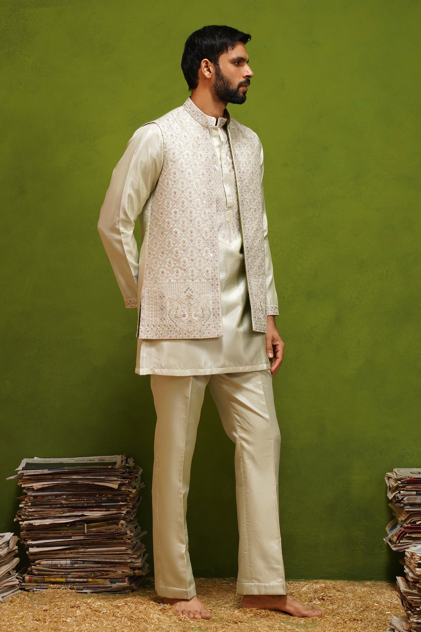 OJASV MEHNDI SHORT KURTA JACKET  SET