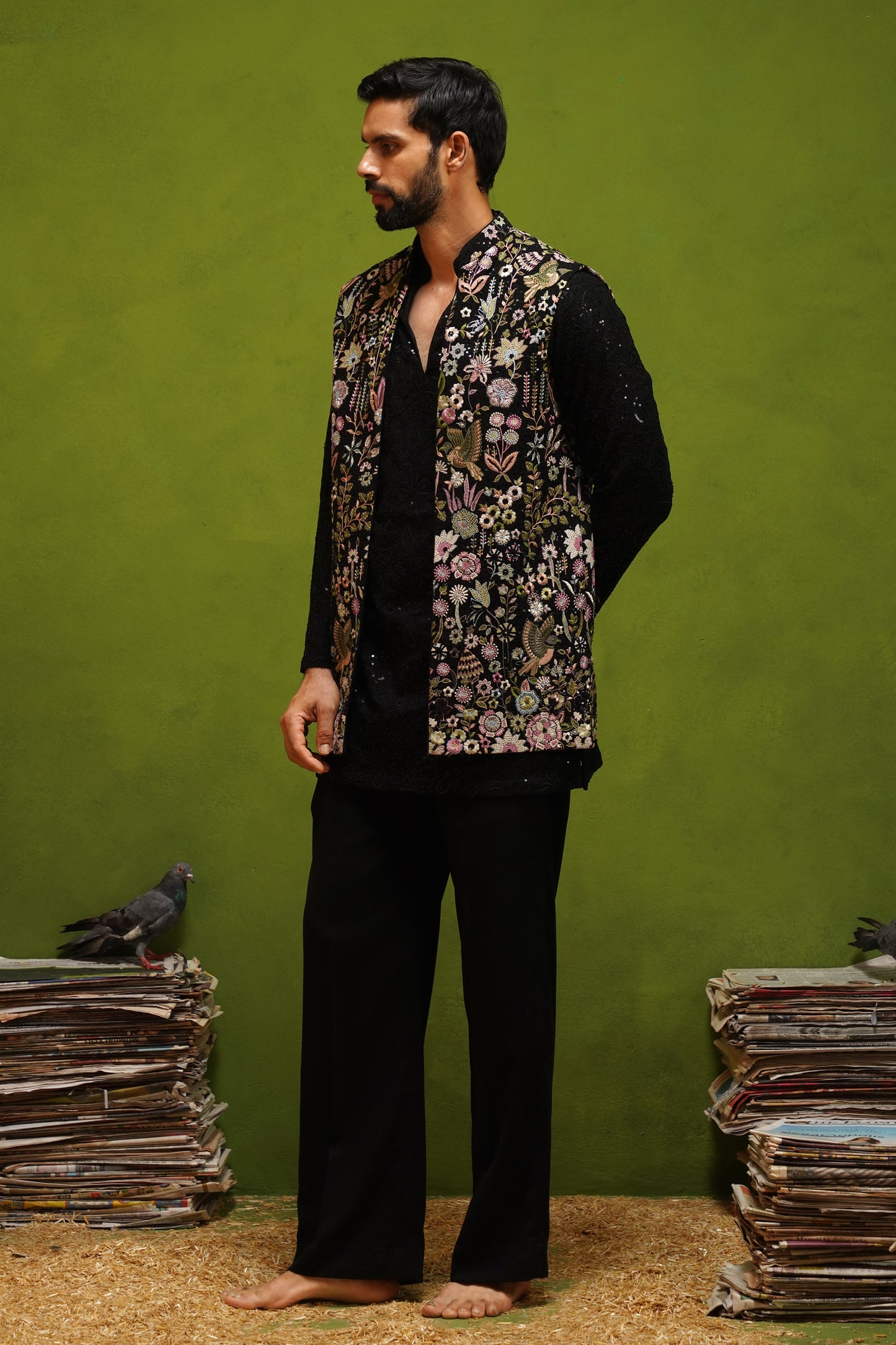 ROOH BLACK SHORT KURTA JACKET  SET