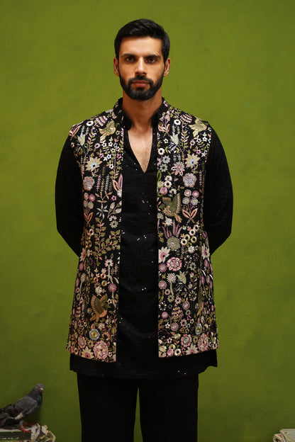 ROOH BLACK SHORT KURTA JACKET  SET