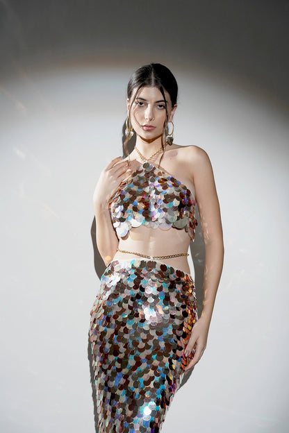 ISLA METTALIC SEQUIN HALTER TWO PIECE CO-ORD SET