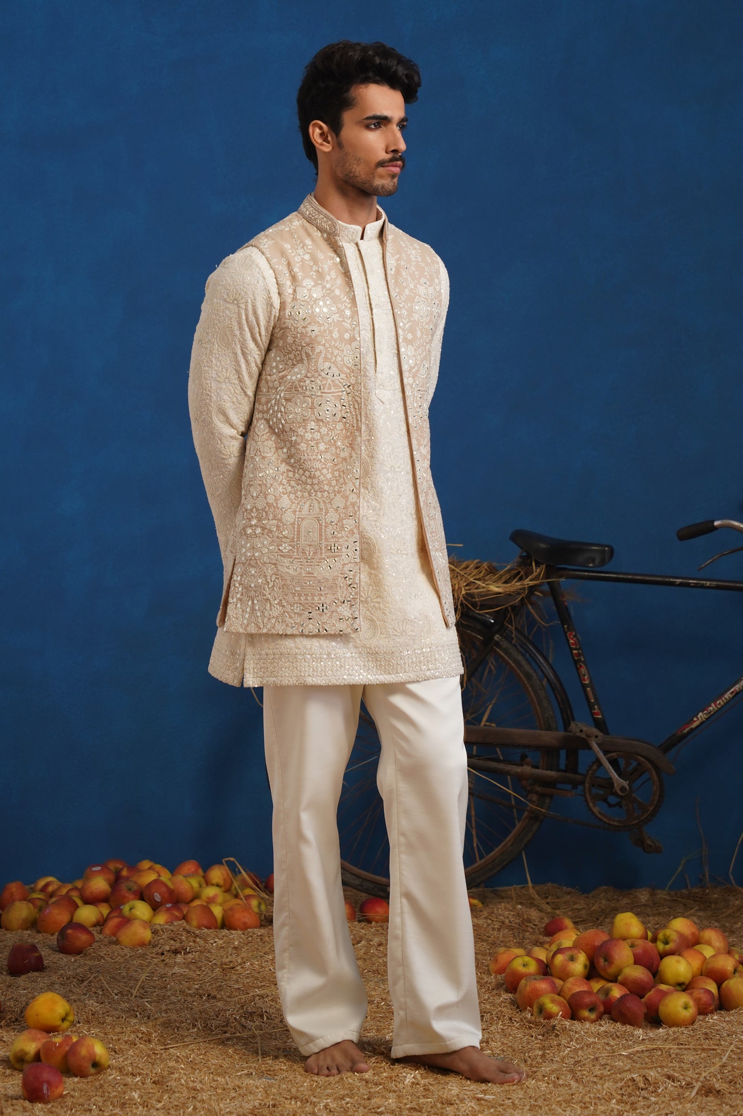 ANVITH MIRROR BEIGE SHORT KURTA JACKET SET
