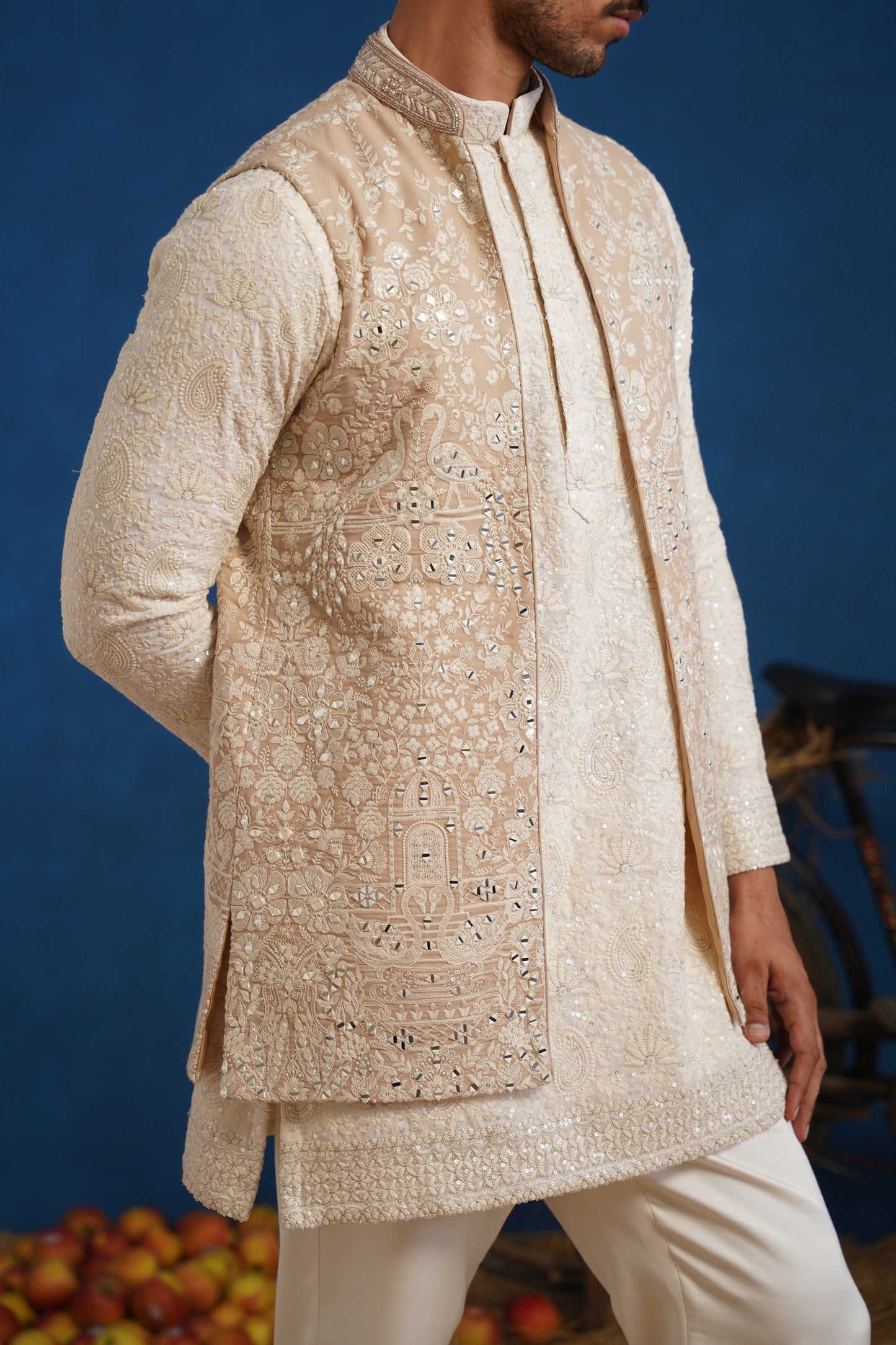 ANVITH MIRROR BEIGE SHORT KURTA JACKET SET