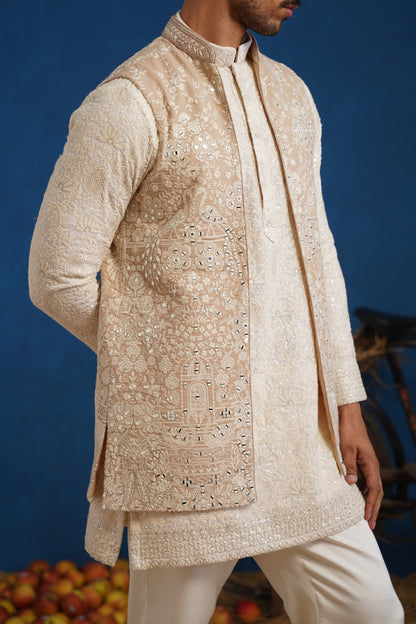 ANVITH MIRROR BEIGE SHORT KURTA JACKET SET