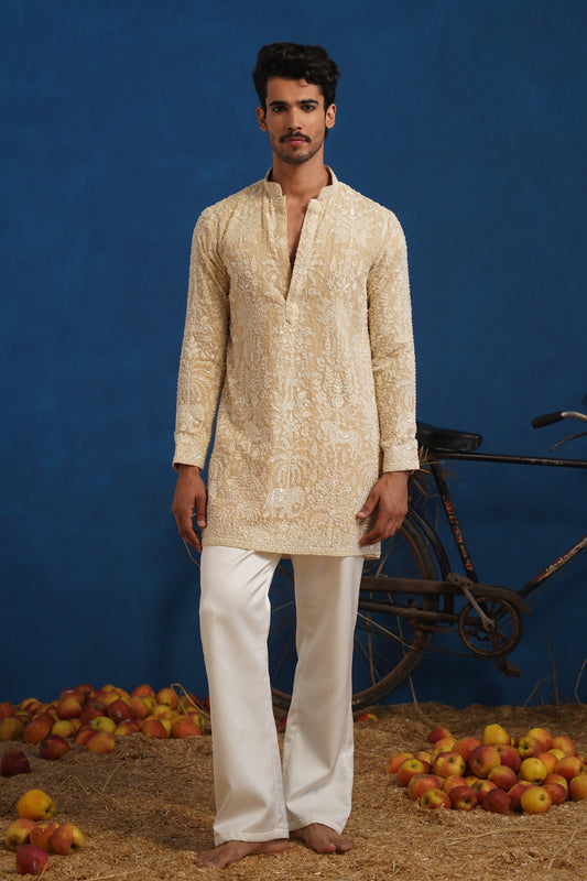 YUVRAJ CUTDANA BEIGE SHORT KURTA SET