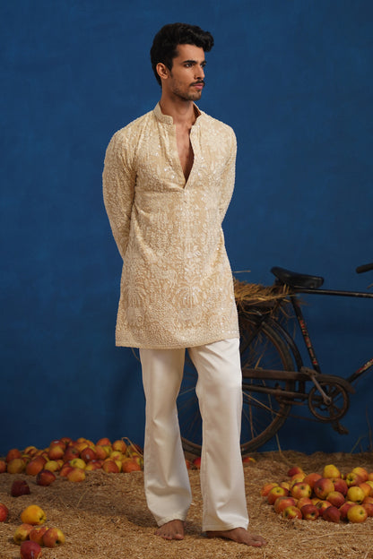 YUVRAJ CUTDANA BEIGE SHORT KURTA SET