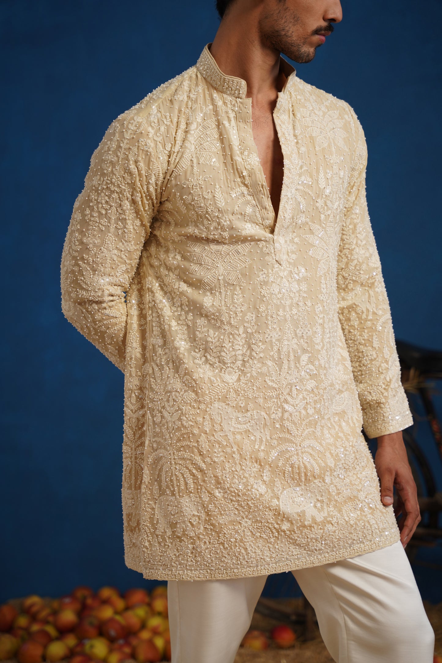 YUVRAJ CUTDANA BEIGE SHORT KURTA SET