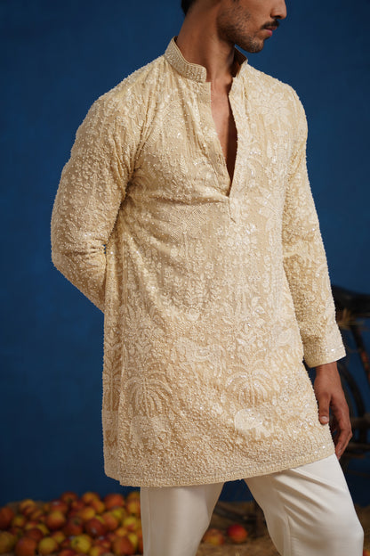 YUVRAJ CUTDANA BEIGE SHORT KURTA SET