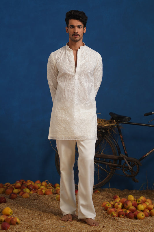 EKLAVYA WHITE ORGANZA SHORT KURTA SET