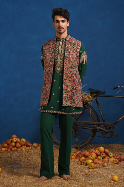 GAGAN BOTTEL GREEN SHORT KURTA JACKET SET