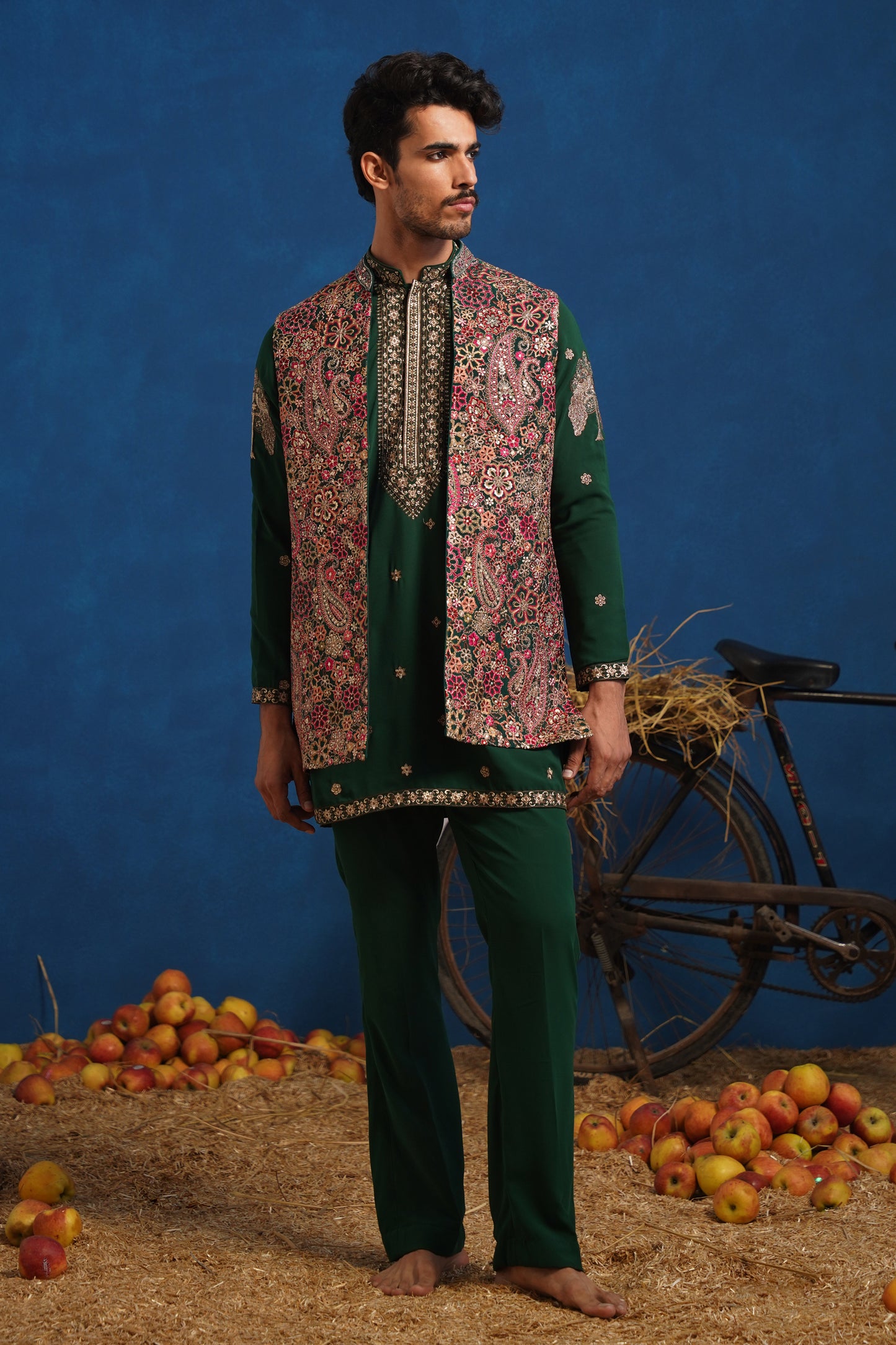 GAGAN BOTTEL GREEN SHORT KURTA JACKET SET