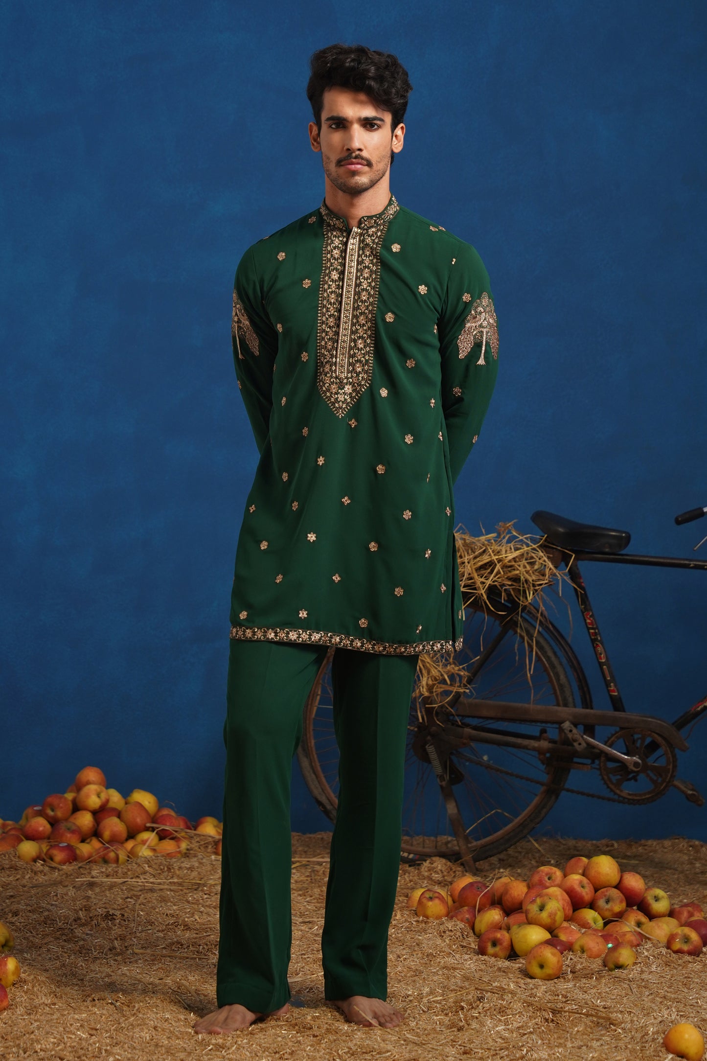 GAGAN BOTTEL GREEN SHORT KURTA JACKET SET