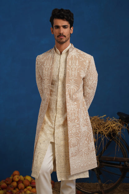 ZORAWAR CUTDANA BEIGE SHERWANI SET