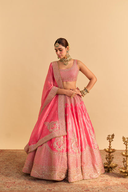 AASHINA - DABKA ZARDOZI EMBROIDERED PURE TISSUE CARROT PINK LEHENGA SET