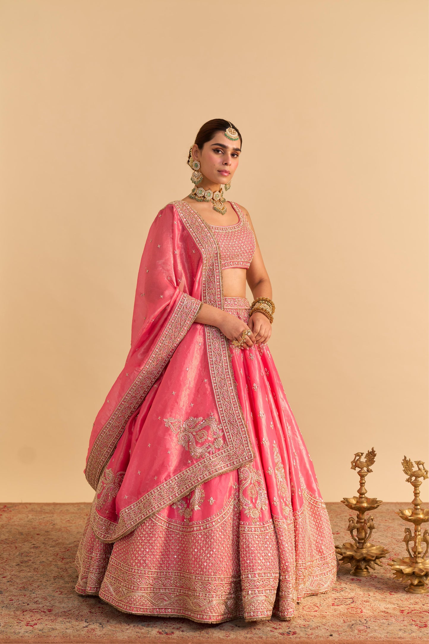 AASHINA - DABKA ZARDOZI EMBROIDERED PURE TISSUE CARROT PINK LEHENGA SET