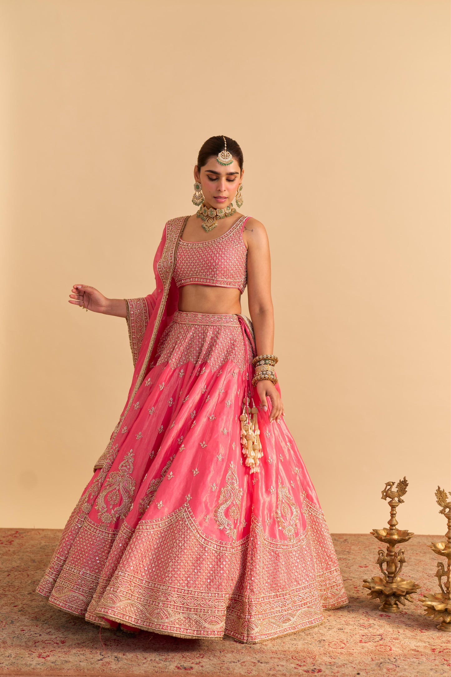 AASHINA - DABKA ZARDOZI EMBROIDERED PURE TISSUE CARROT PINK LEHENGA SET