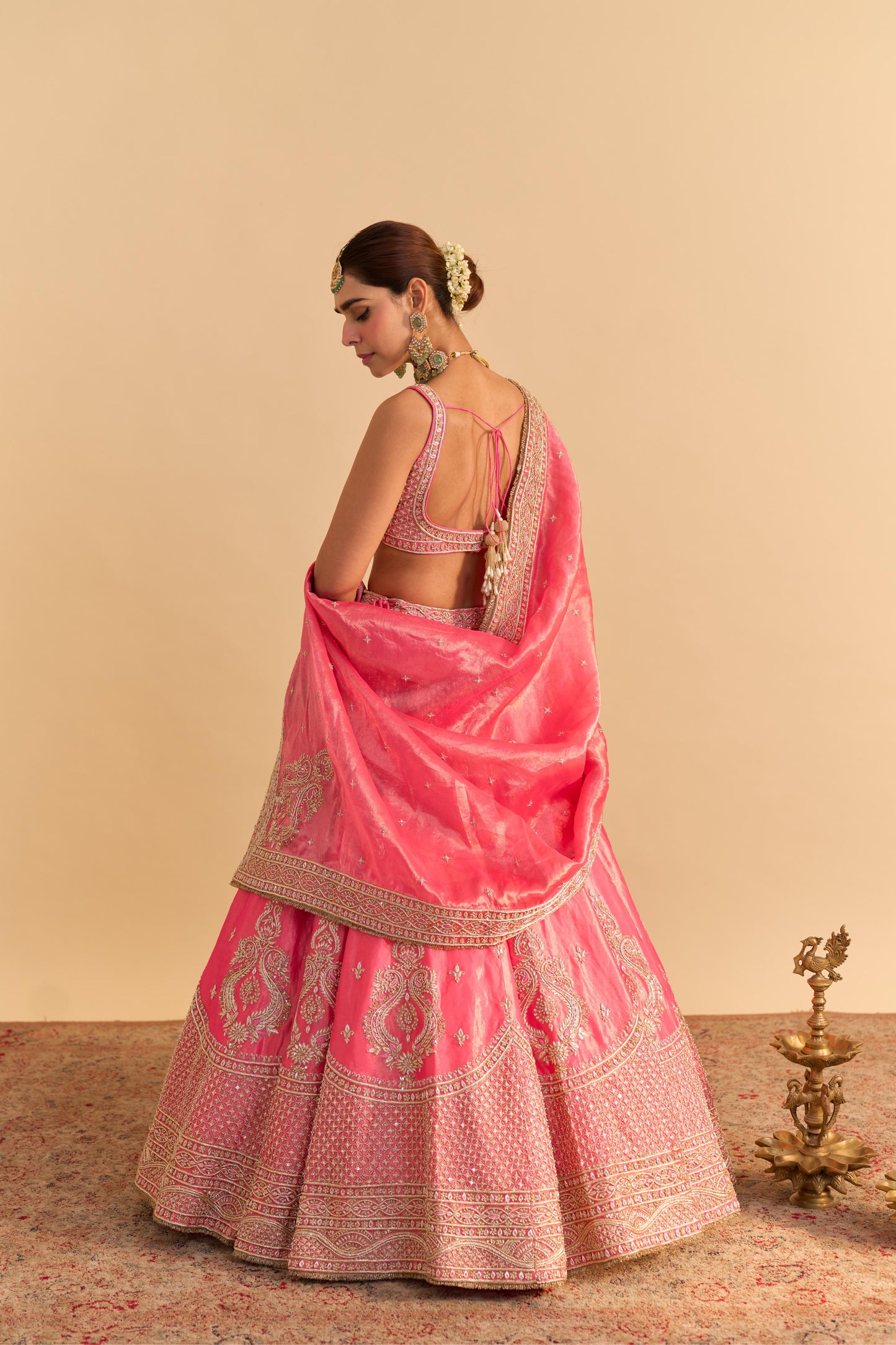 AASHINA - DABKA ZARDOZI EMBROIDERED PURE TISSUE CARROT PINK LEHENGA SET