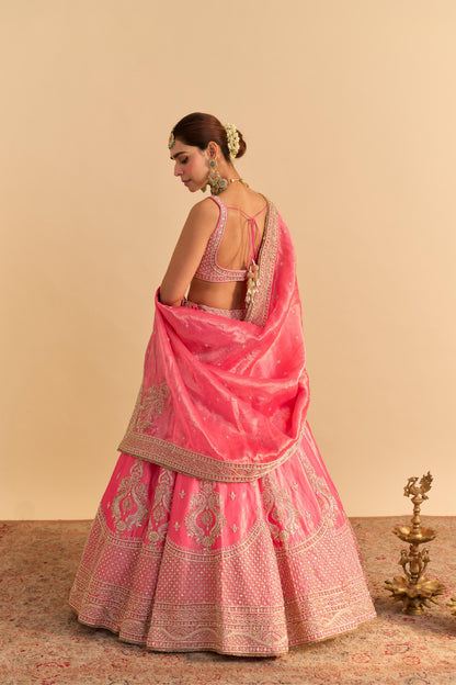 AASHINA - DABKA ZARDOZI EMBROIDERED PURE TISSUE CARROT PINK LEHENGA SET