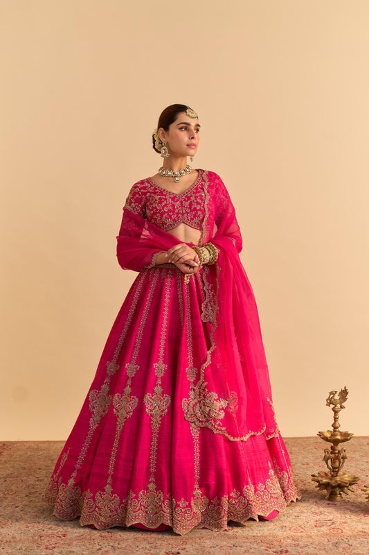 NAAZILA - DABKA ZARDOZI EMBROIDERED RAW SILK HOTPINK LEHENGA SET