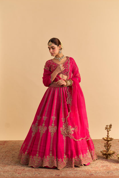 NAAZILA - DABKA ZARDOZI EMBROIDERED RAW SILK HOTPINK LEHENGA SET