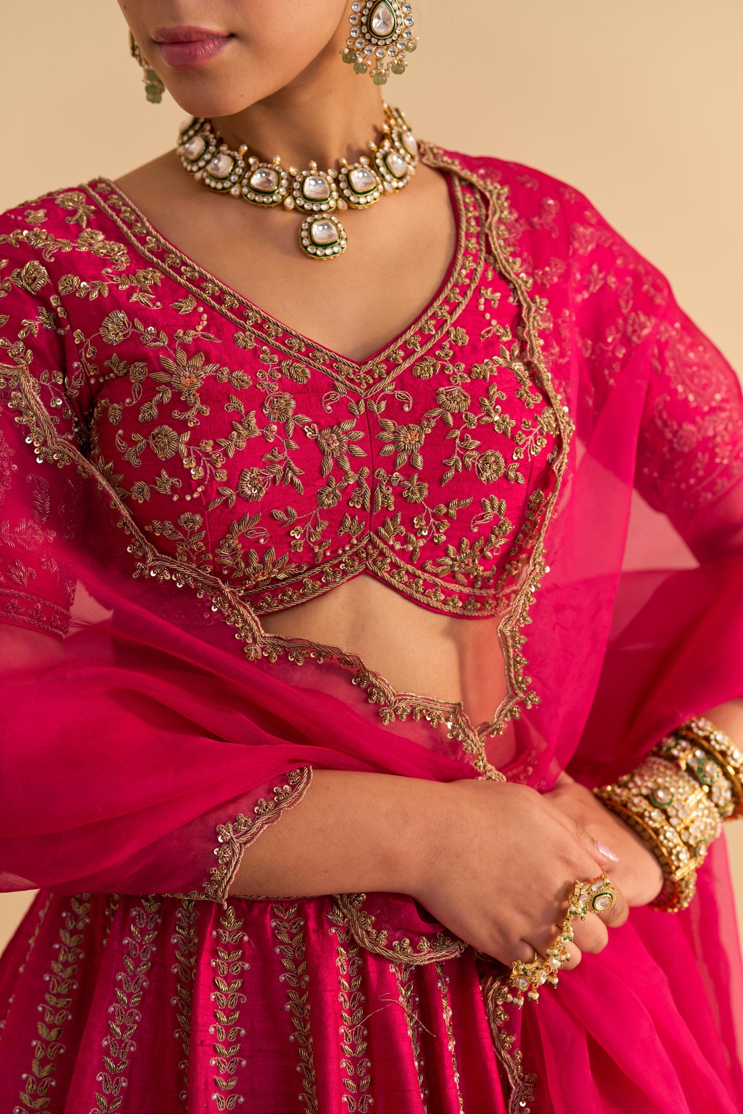 NAAZILA - DABKA ZARDOZI EMBROIDERED RAW SILK HOTPINK LEHENGA SET