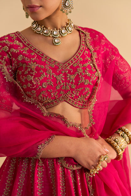 NAAZILA - DABKA ZARDOZI EMBROIDERED RAW SILK HOTPINK LEHENGA SET