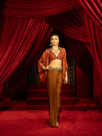MOCHA MOUSSE DRAPE DHOTI SKIRT WITH RUST BOHO SHIRT