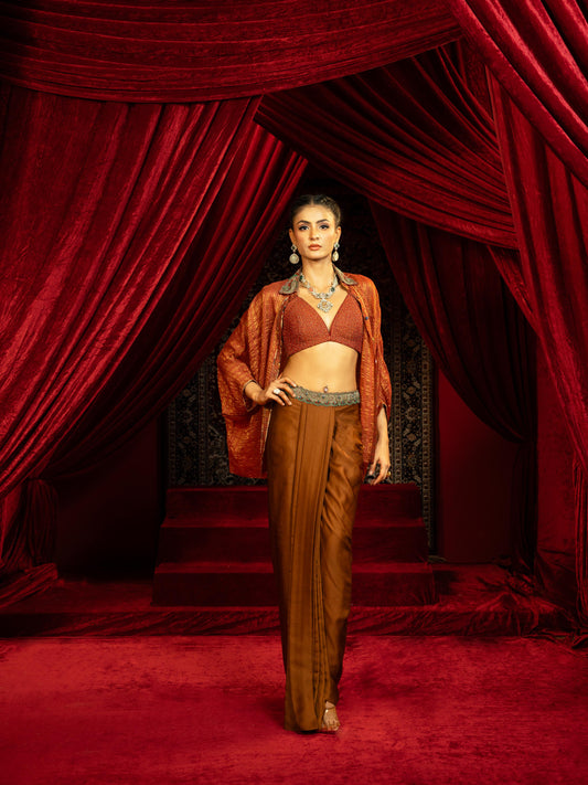 MOCHA MOUSSE DRAPE DHOTI SKIRT WITH RUST BOHO SHIRT