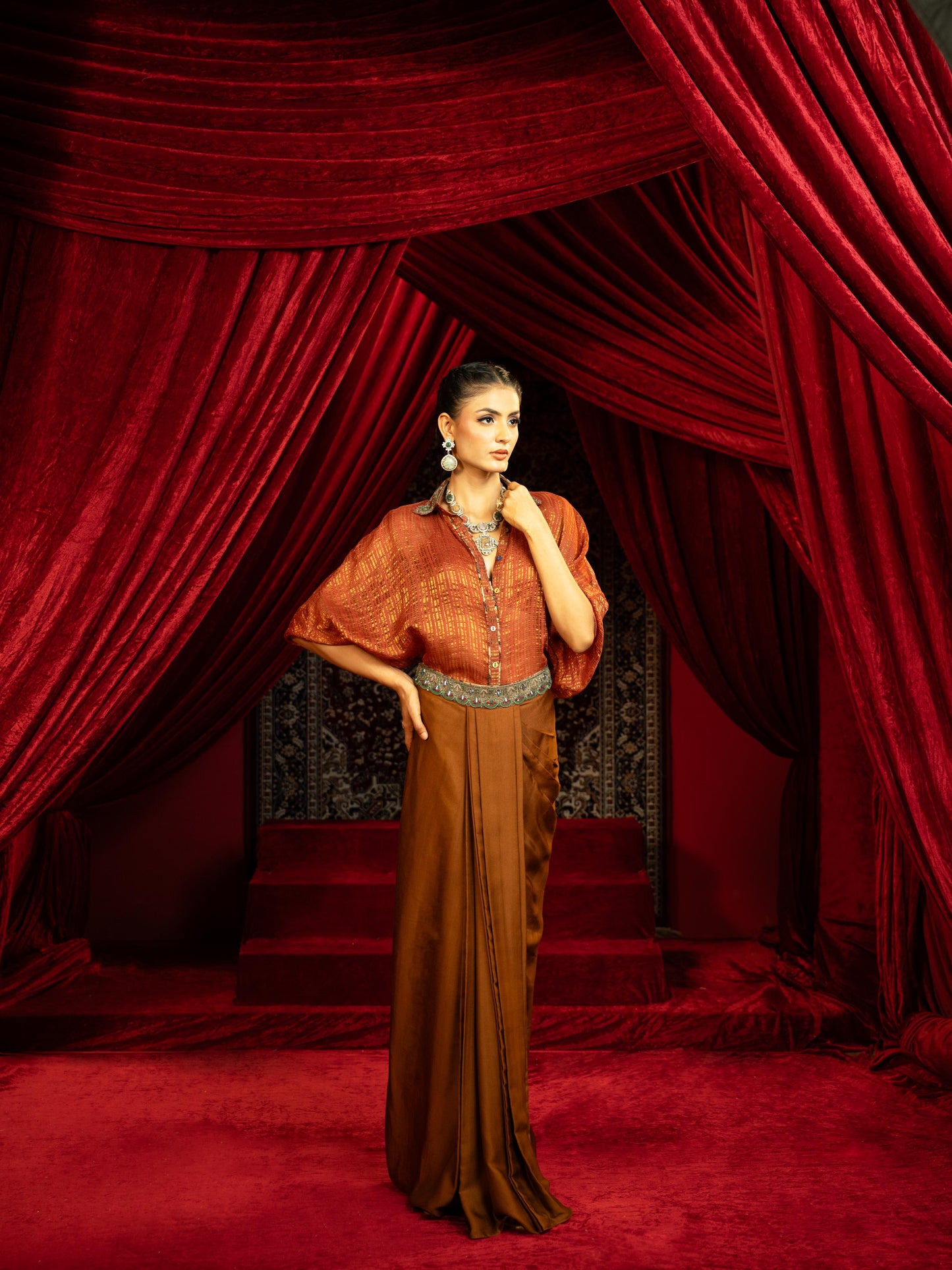 MOCHA MOUSSE DRAPE DHOTI SKIRT WITH RUST BOHO SHIRT